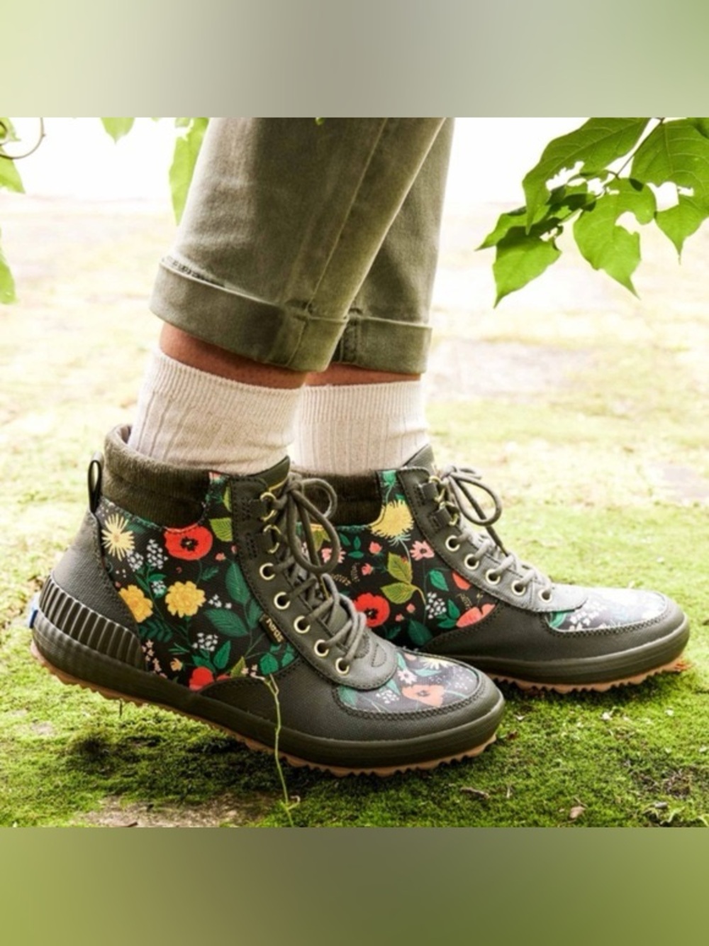 Keds x Rifle Paper Co. Scout Boots (Sz 9.5) Botanical Canvas Olive